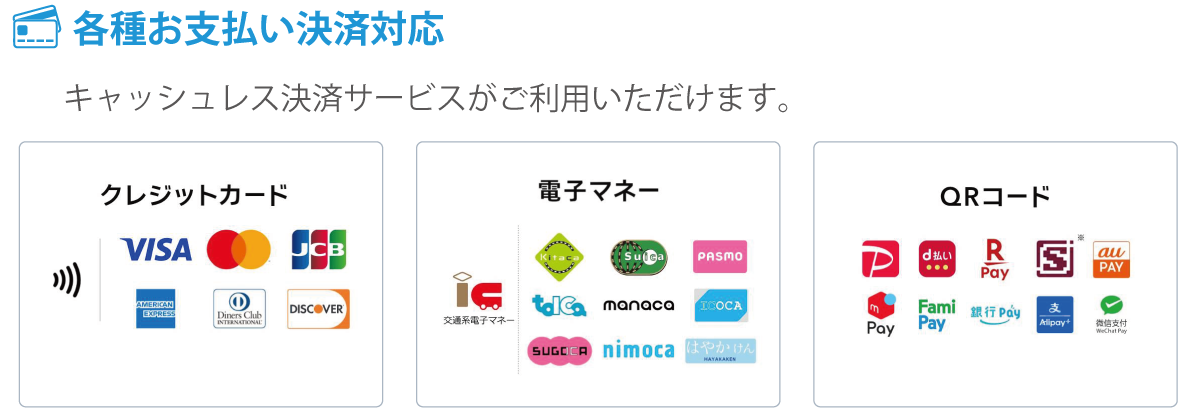 各種お支払い決済対応|キャッシュレス決済サービスがご利用いただけます。